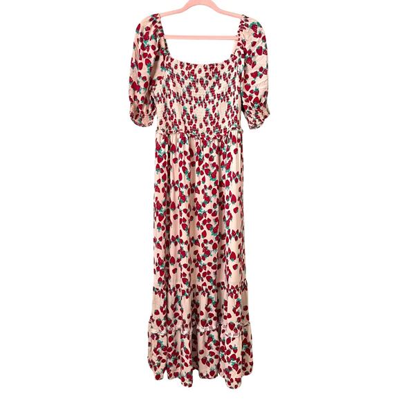 Betsey Johnson Dress Womens Large Pink Strawberry Fruit Print Maxi Cottagecore - Picture 1 of 12